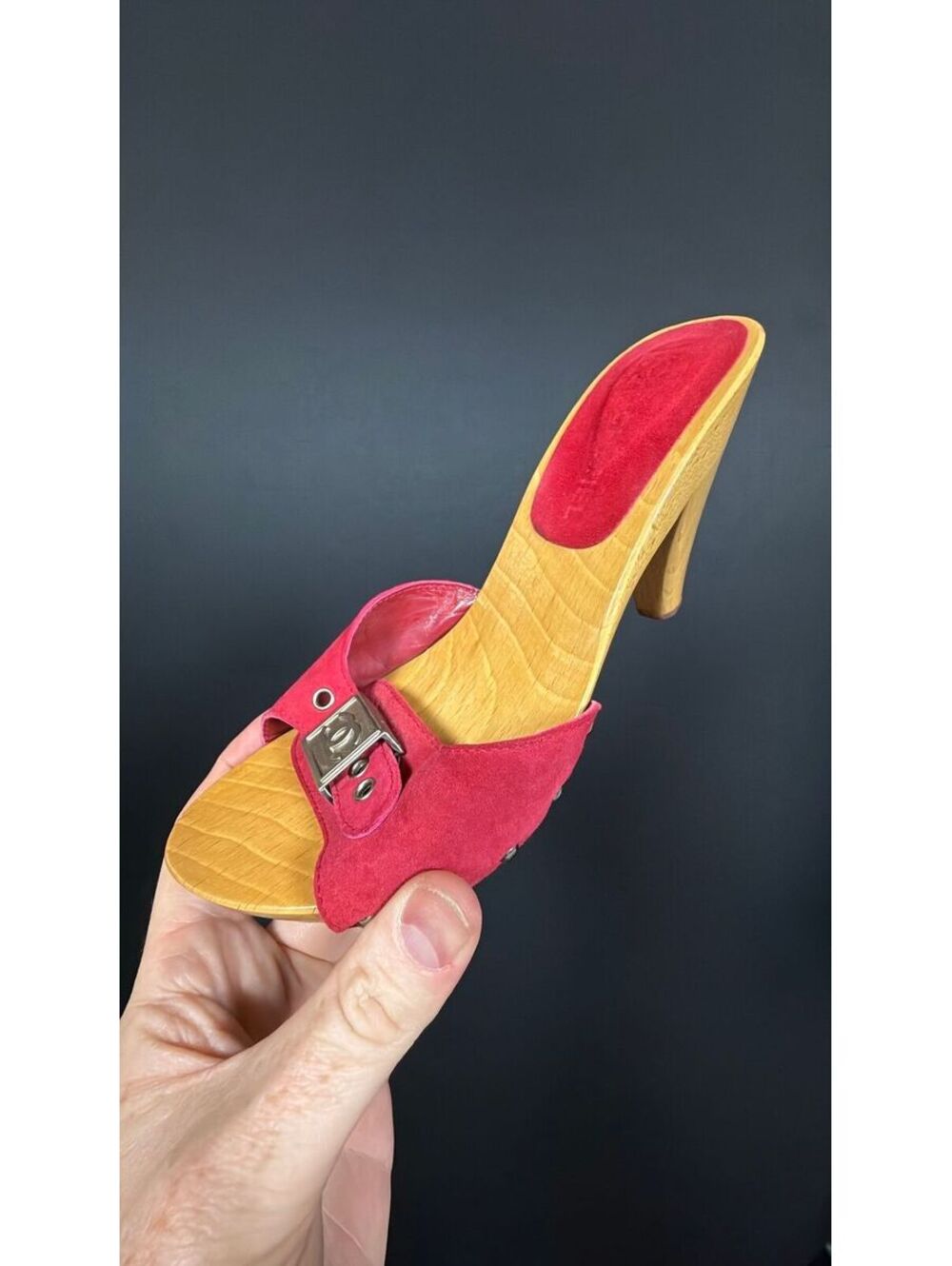 Chanel Red Suede CC Buckle Wooden Heels Size 36
